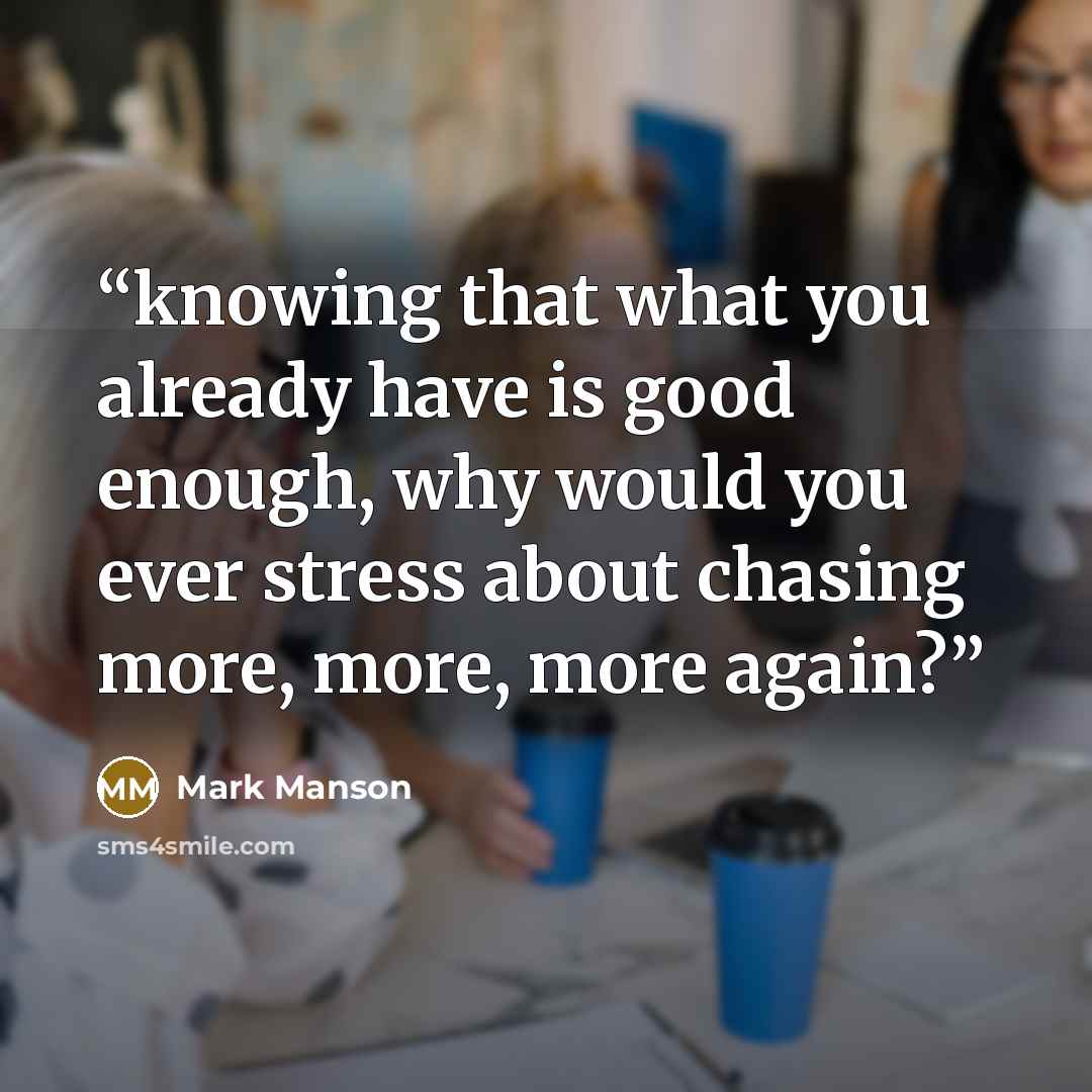 “knowing that what you already have is good enough, why would you ever stress about chasing more, more, more again?” quote by Mark Manson