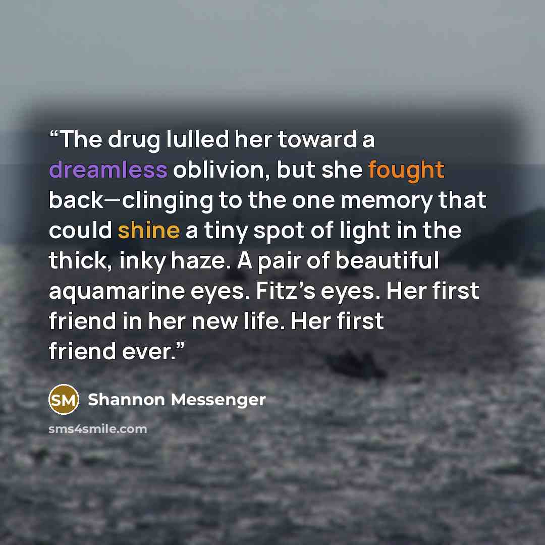 “The drug lulled her toward a dreamless oblivion, but she fought back—clinging to the one memory that could shine a tiny spot of light in the thick, inky haze. A pair of beautiful aquamarine eyes. Fitz’s eyes. Her first friend in her new life. Her first friend ever.” quote by Shannon Messenger