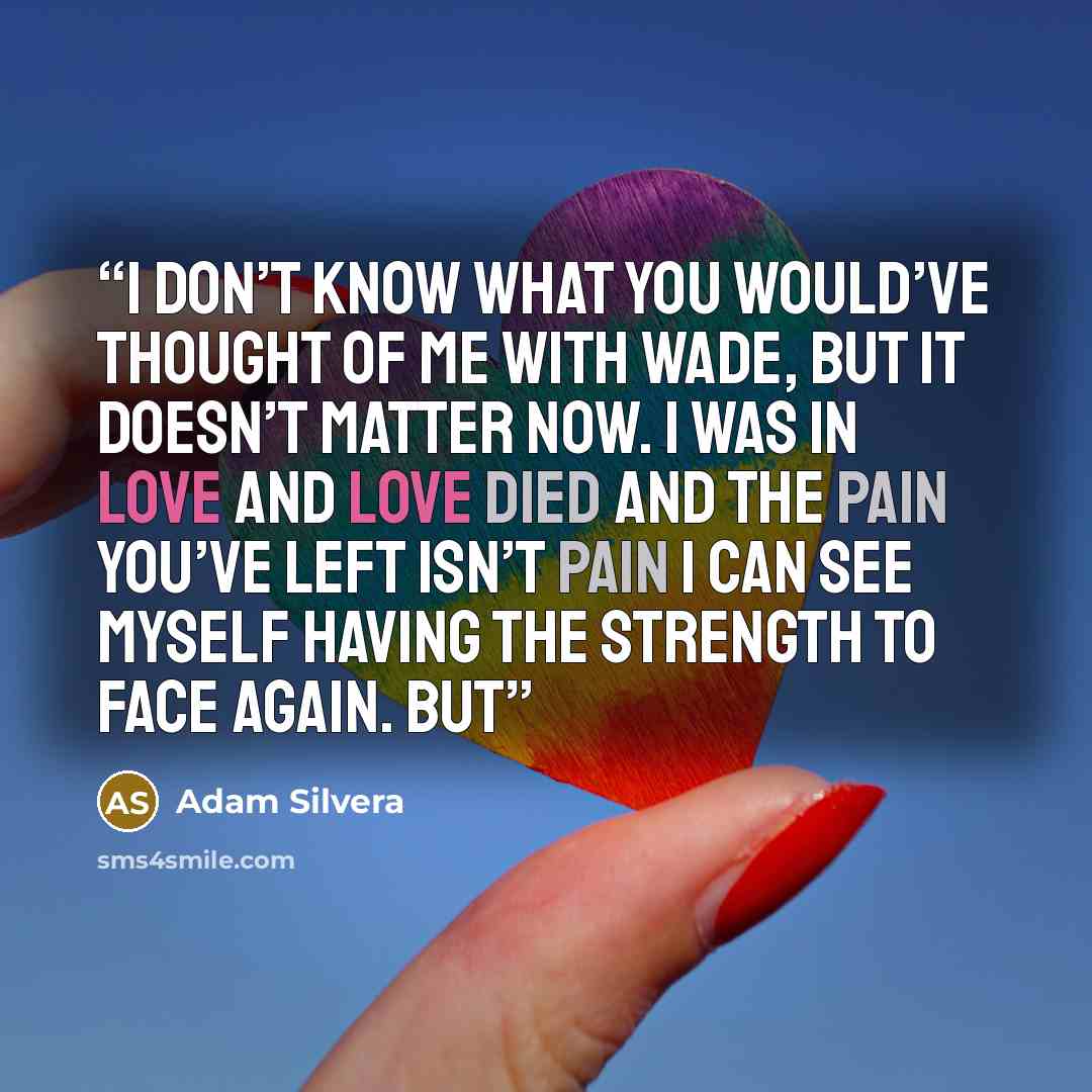 “I don’t know what you would’ve thought of me with Wade, but it doesn’t matter now. I was in love and love died and the pain you’ve left isn’t pain I can see myself having the strength to face again. But” quote by Adam Silvera