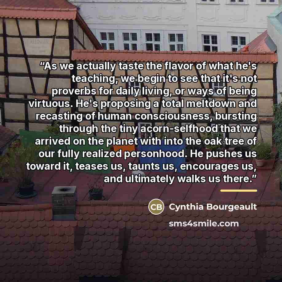 “As we actually taste the flavor of what he's teaching, we begin to see that it's not proverbs for daily living, or ways of being virtuous. He's proposing a total meltdown and recasting of human consciousness, bursting through the tiny acorn-selfhood that we arrived on the planet with into the oak…” quote by Cynthia Bourgeault