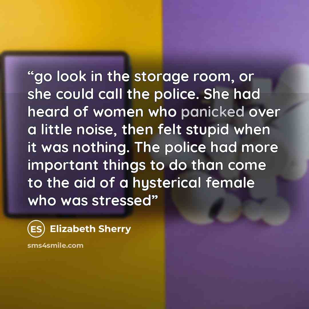 “go look in the storage room, or she could call the police. She had heard of women who panicked over a little noise, then felt stupid when it was nothing. The police had more important things to do than come to the aid of a hysterical female who was stressed” quote by Elizabeth Sherry