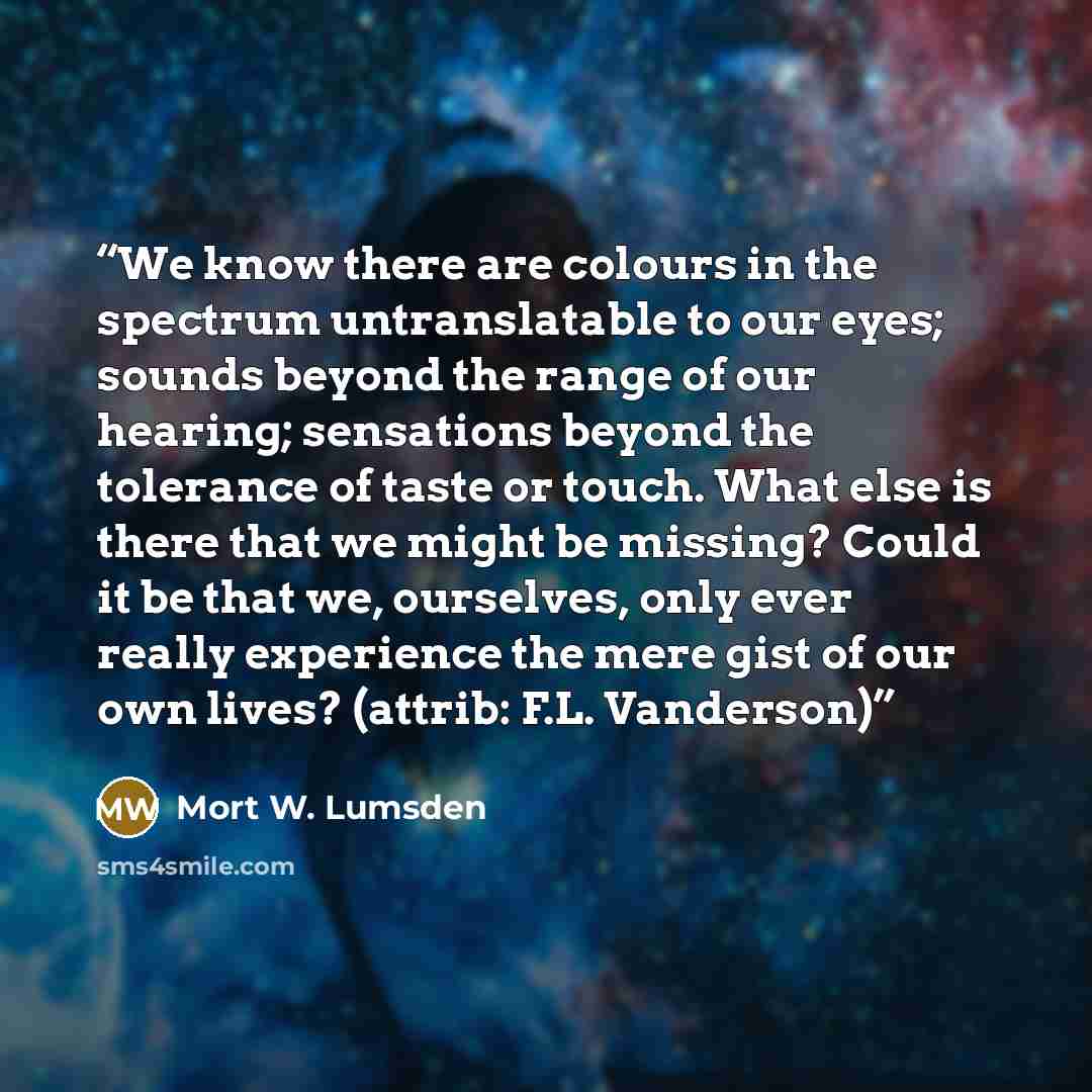 “We know there are colours in the spectrum untranslatable to our eyes; sounds beyond the range of our hearing; sensations beyond the tolerance of taste or touch. What else is there that we might be missing? Could it be that we, ourselves, only ever really experience the mere gist of our own lives?…” quote by Mort W. Lumsden