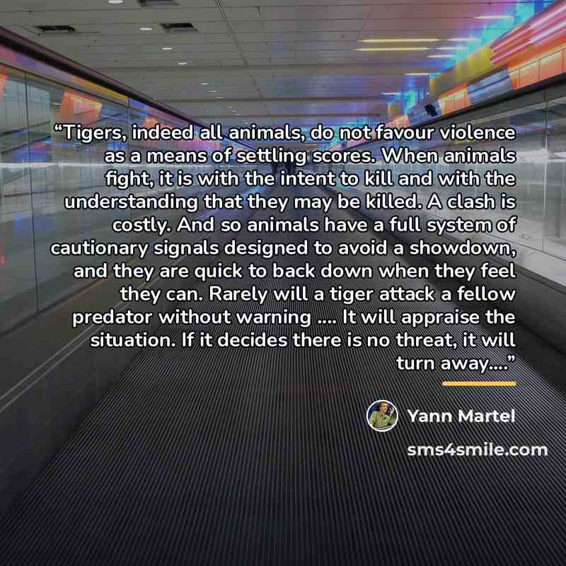 “Tigers, indeed all animals, do not favour violence as a means of settling scores. When animals fight, it is with the intent to kill and with the understanding that they may be killed. A clash is costly. And so animals have a full system of cautionary signals designed to avoid a showdown, and they…” quote by Yann Martel