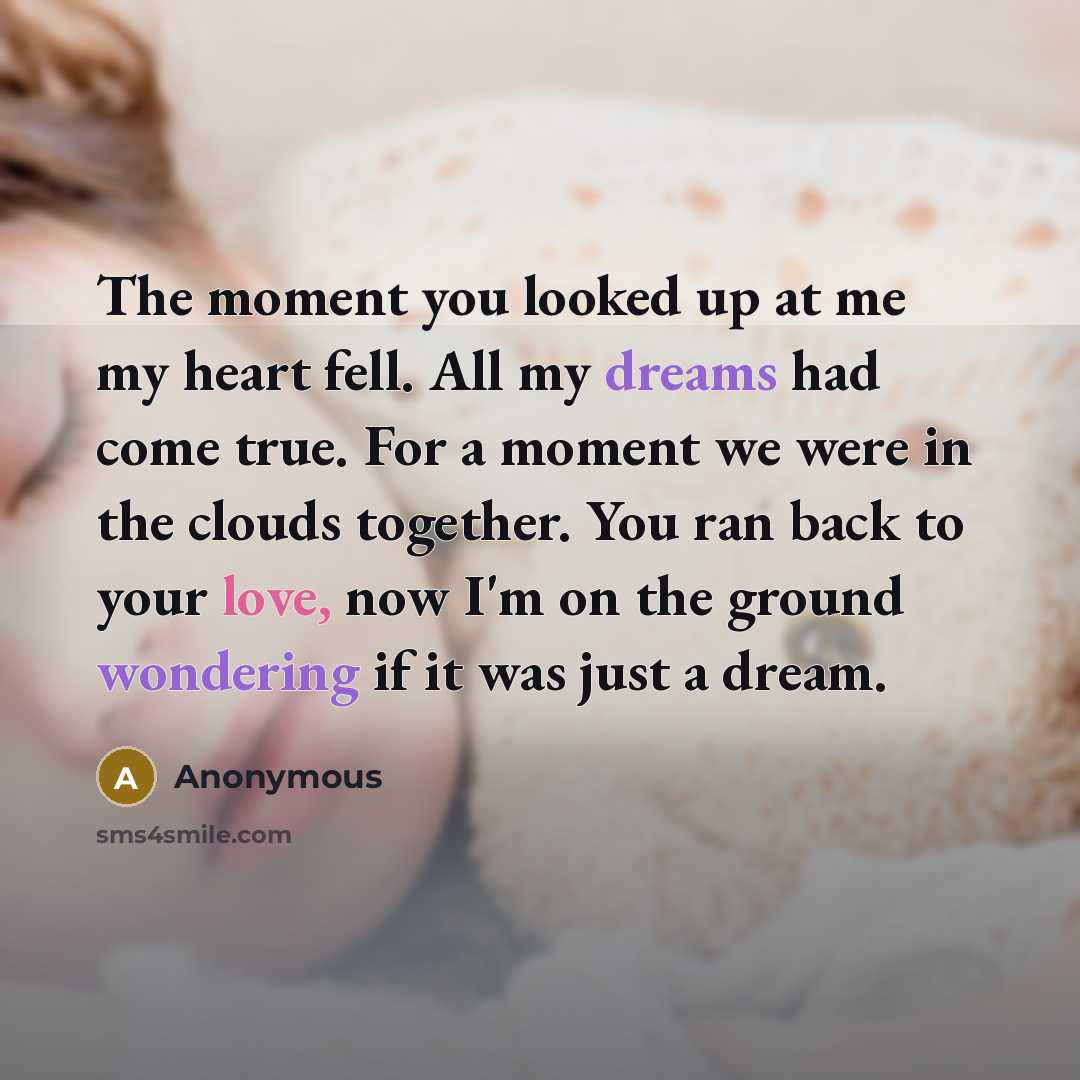 “The moment you looked up at me my heart fell. All my dreams had come true. For a moment we were in the clouds together. You ran back to your love, now I'm on the ground wondering if it was just a dream.” quote by Anonymous