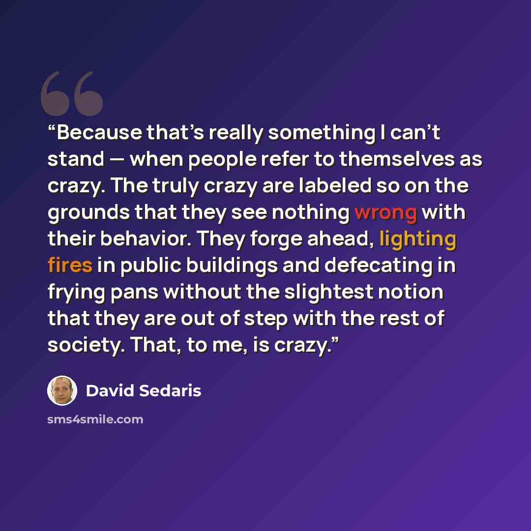 “Because that’s really something I can’t stand — when people refer to themselves as crazy. The truly crazy are labeled so on the grounds that they see nothing wrong with their behavior. They forge ahead, lighting fires in public buildings and defecating in frying pans without the slightest notion…” quote by David Sedaris