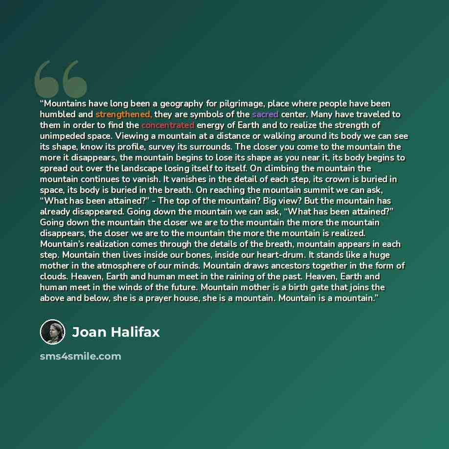 “Mountains have long been a geography for pilgrimage, place where people have been humbled and strengthened, they are symbols of the sacred center. Many have traveled to them in order to find the concentrated energy of Earth and to realize the strength of unimpeded space. Viewing a mountain at a…” quote by Joan Halifax