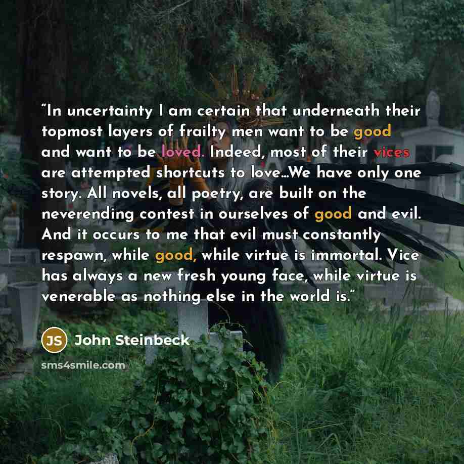 “In uncertainty I am certain that underneath their topmost layers of frailty men want to be good and want to be loved. Indeed, most of their vices are attempted shortcuts to love...We have only one story. All novels, all poetry, are built on the neverending contest in ourselves of good and evil…” quote by John Steinbeck