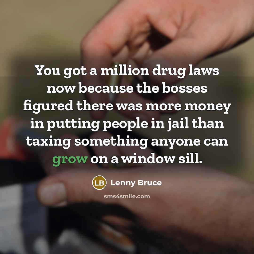 “You got a million drug laws now because the bosses figured there was more money in putting people in jail than taxing something anyone can grow on a window sill.” quote by Lenny Bruce