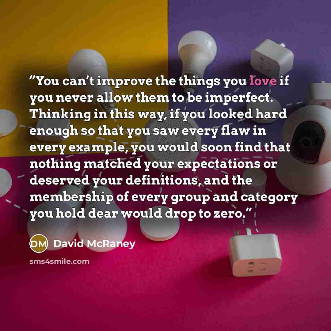 “You can’t improve the things you love if you never allow them to be imperfect. Thinking in this way, if you looked hard enough so that you saw every flaw in every example, you would soon find that nothing matched your expectations or deserved your definitions, and the membership of every group and…” quote by David McRaney