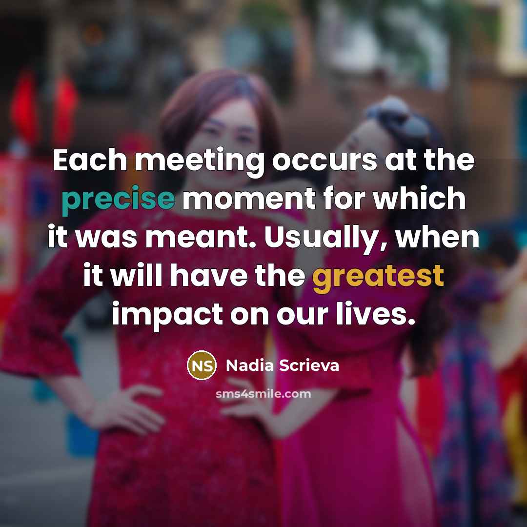 “Each meeting occurs at the precise moment for which it was meant. Usually, when it will have the greatest impact on our lives.” quote by Nadia Scrieva