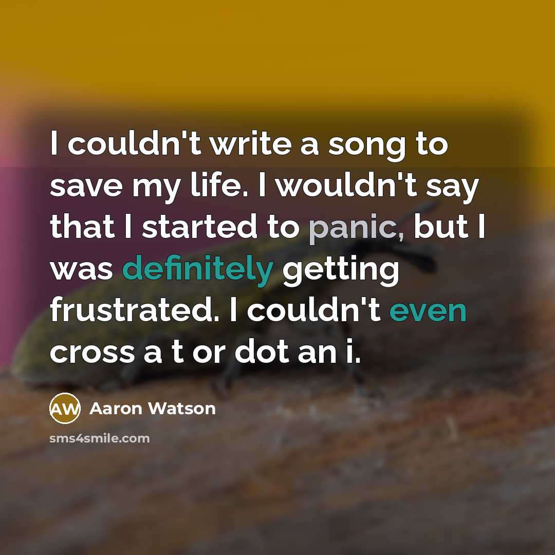 “I couldn't write a song to save my life. I wouldn't say that I started to panic, but I was definitely getting frustrated. I couldn't even cross a t or dot an i.” quote by Aaron Watson