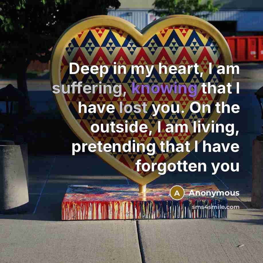 “Deep in my heart, I am suffering, knowing that I have lost you. On the outside, I am living, pretending that I have forgotten you” quote by Anonymous