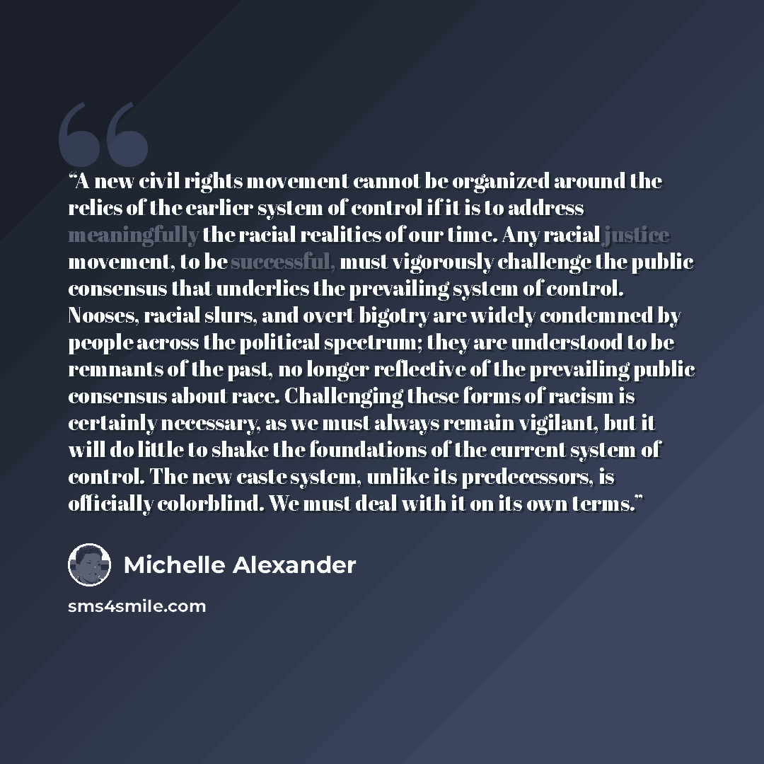 “A new civil rights movement cannot be organized around the relics of the earlier system of control if it is to address meaningfully the racial realities of our time. Any racial justice movement, to be successful, must vigorously challenge the public consensus that underlies the prevailing system…” quote by Michelle Alexander