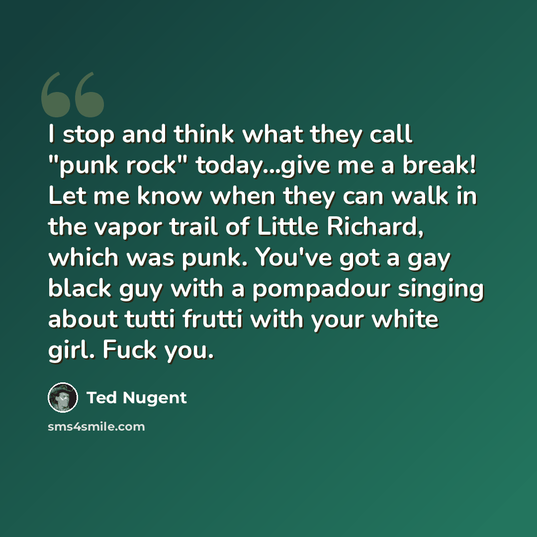 “I stop and think what they call "punk rock" today...give me a break! Let me know when they can walk in the vapor trail of Little Richard, which was punk. You've got a gay black guy with a pompadour singing about tutti frutti with your white girl. Fuck you.” quote by Ted Nugent