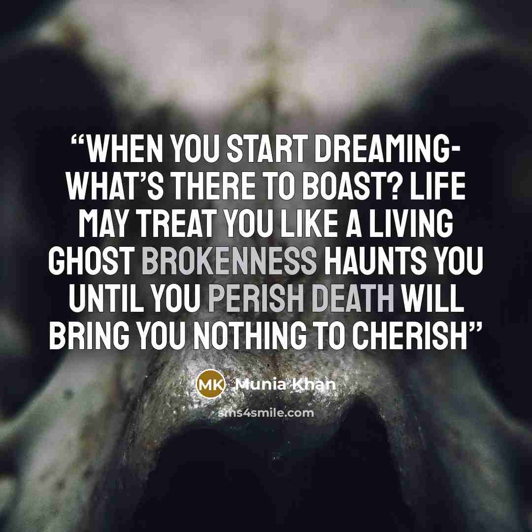 “When you start dreaming- what’s there to boast? Life may treat you like a living ghost Brokenness haunts you until you perish Death will bring you nothing to cherish” quote by Munia Khan