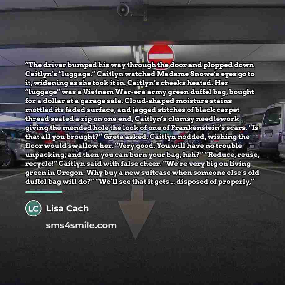 “The driver bumped his way through the door and plopped down Caitlyn’s “luggage.” Caitlyn watched Madame Snowe’s eyes go to it, widening as she took it in. Caitlyn’s cheeks heated. Her “luggage” was a Vietnam War-era army green duffel bag, bought for a dollar at a garage sale. Cloud-shaped moisture…” quote by Lisa Cach