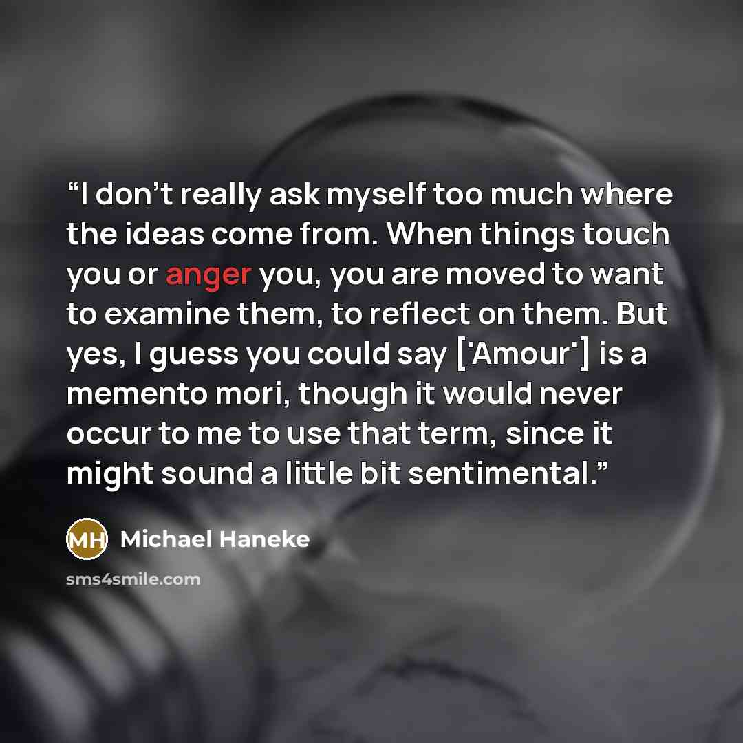 “I don't really ask myself too much where the ideas come from. When things touch you or anger you, you are moved to want to examine them, to reflect on them. But yes, I guess you could say ['Amour'] is a memento mori, though it would never occur to me to use that term, since it might sound a little…” quote by Michael Haneke