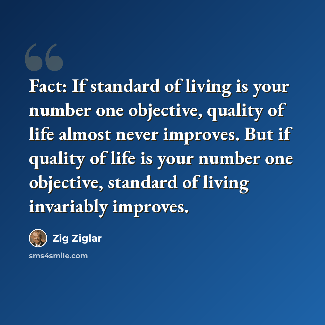 “Fact: If standard of living is your number one objective, quality of life almost never improves. But if quality of life is your number one objective, standard of living invariably improves.” quote by Zig Ziglar