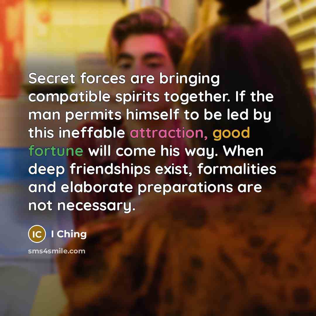 “Secret forces are bringing compatible spirits together. If the man permits himself to be led by this ineffable attraction, good fortune will come his way. When deep friendships exist, formalities and elaborate preparations are not necessary.” quote by I Ching