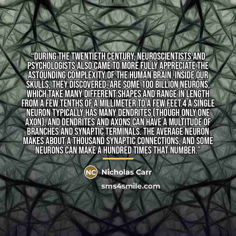 “During the twentieth century, neuroscientists and psychologists also came to more fully appreciate the astounding complexity of the human brain. Inside our skulls, they discovered, are some 100 billion neurons, which take many different shapes and range in length from a few tenths of a millimeter…” quote by Nicholas Carr