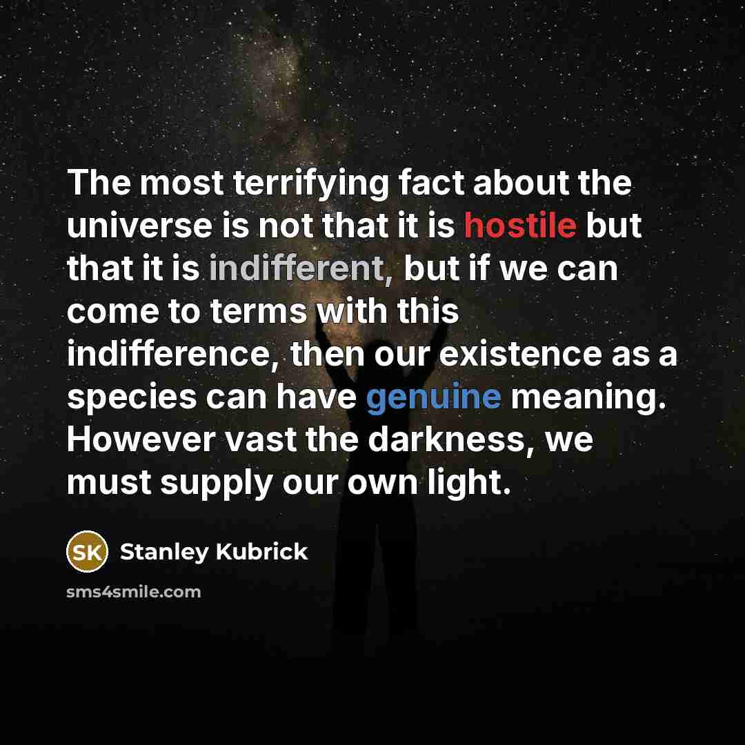 “The most terrifying fact about the universe is not that it is hostile but that it is indifferent, but if we can come to terms with this indifference, then our existence as a species can have genuine meaning. However vast the darkness, we must supply our own light.” quote by Stanley Kubrick
