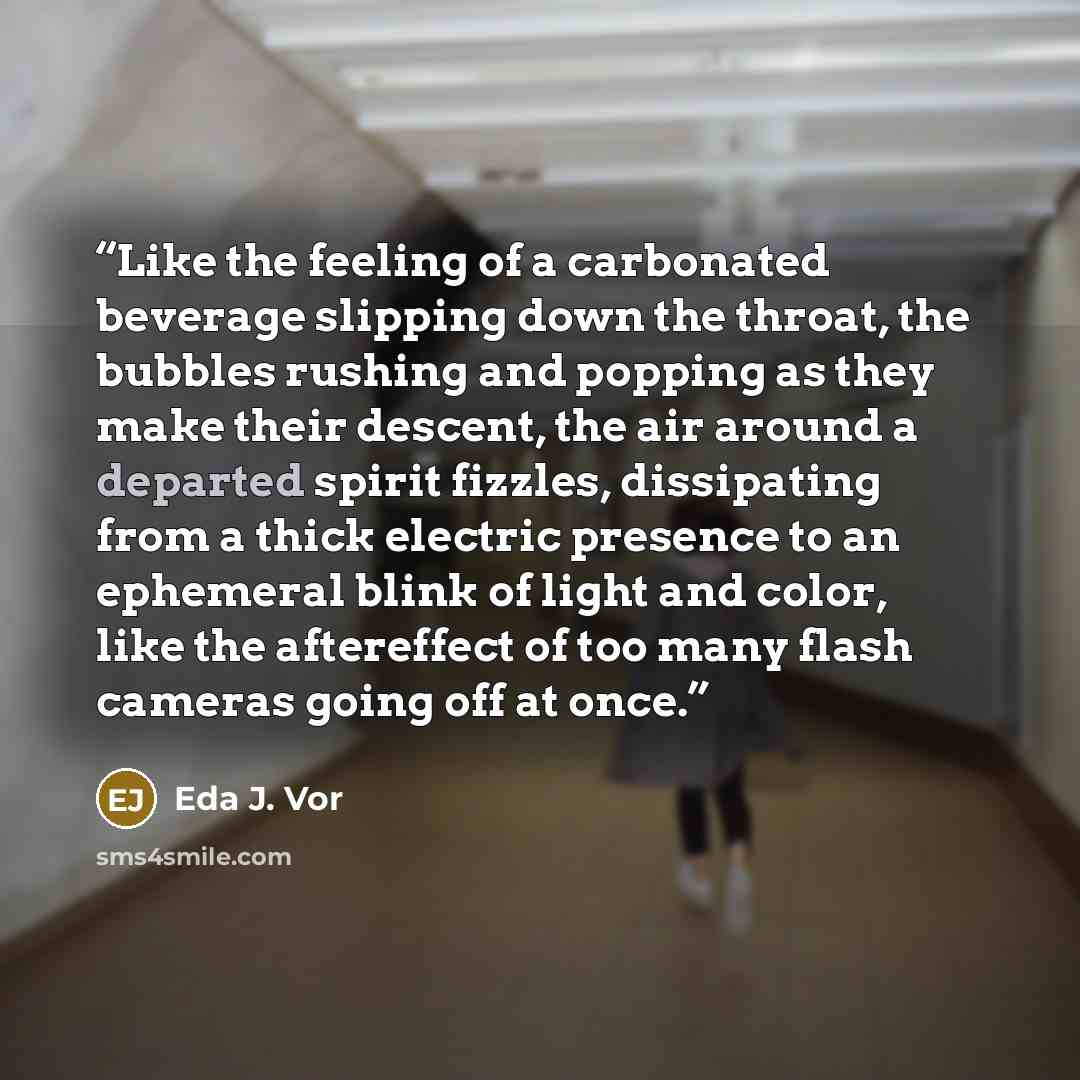 “Like the feeling of a carbonated beverage slipping down the throat, the bubbles rushing and popping as they make their descent, the air around a departed spirit fizzles, dissipating from a thick electric presence to an ephemeral blink of light and color, like the aftereffect of too many flash…” quote by Eda J. Vor
