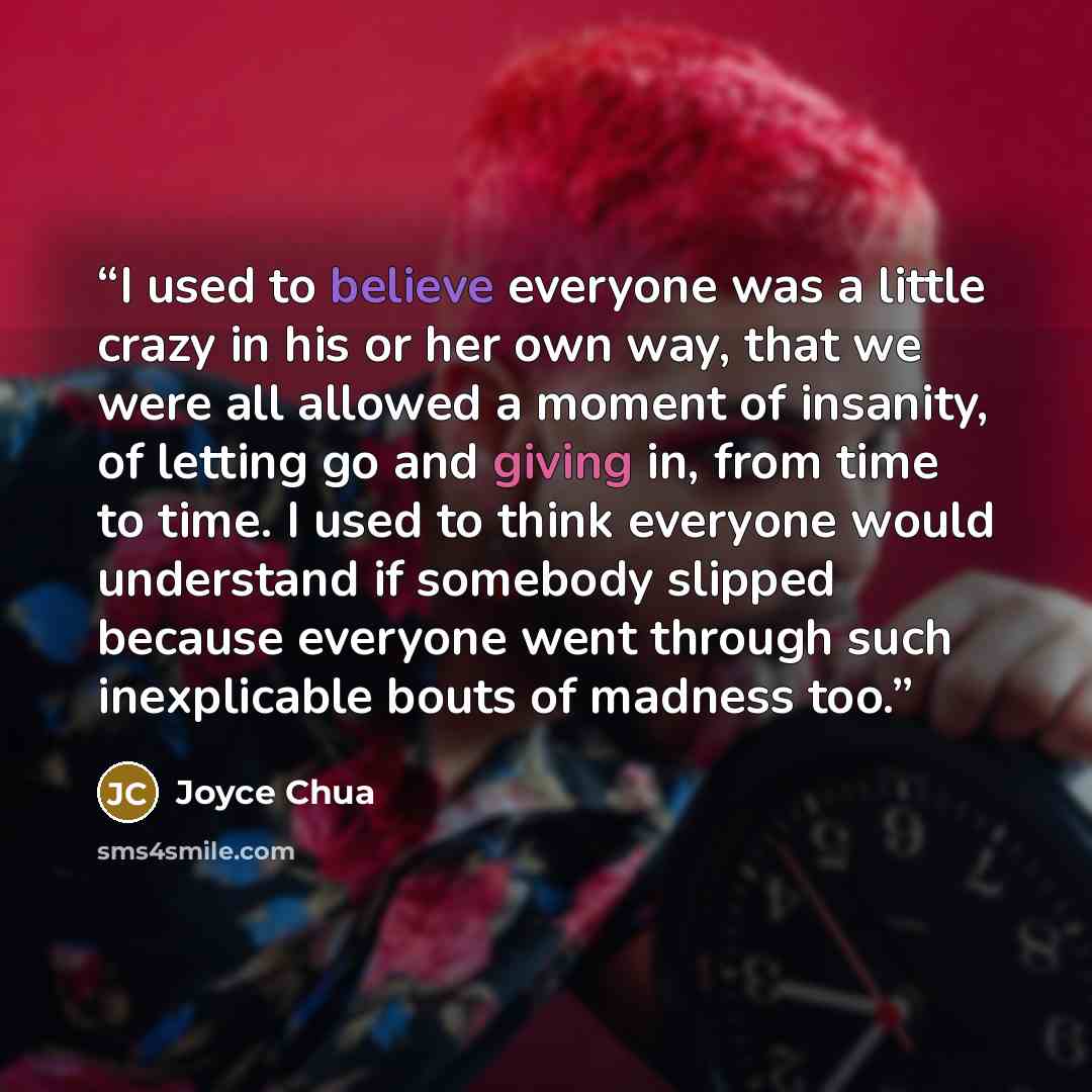 “I used to believe everyone was a little crazy in his or her own way, that we were all allowed a moment of insanity, of letting go and giving in, from time to time. I used to think everyone would understand if somebody slipped because everyone went through such inexplicable bouts of madness too.” quote by Joyce Chua