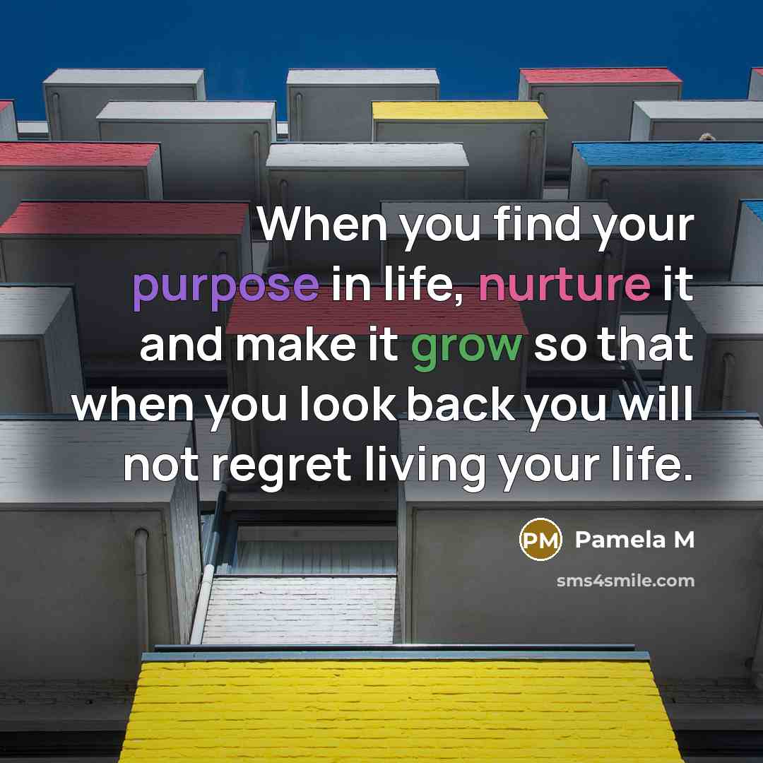 “When you find your purpose in life, nurture it and make it grow so that when you look back you will not regret living your life.” quote by Pamela M