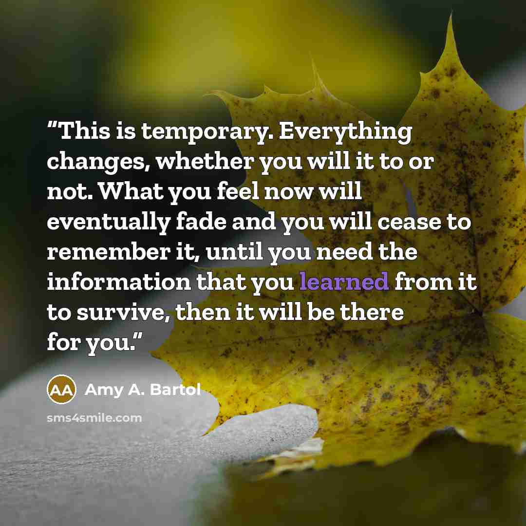 “This is temporary. Everything changes, whether you will it to or not. What you feel now will eventually fade and you will cease to remember it, until you need the information that you learned from it to survive, then it will be there for you.” quote by Amy A. Bartol