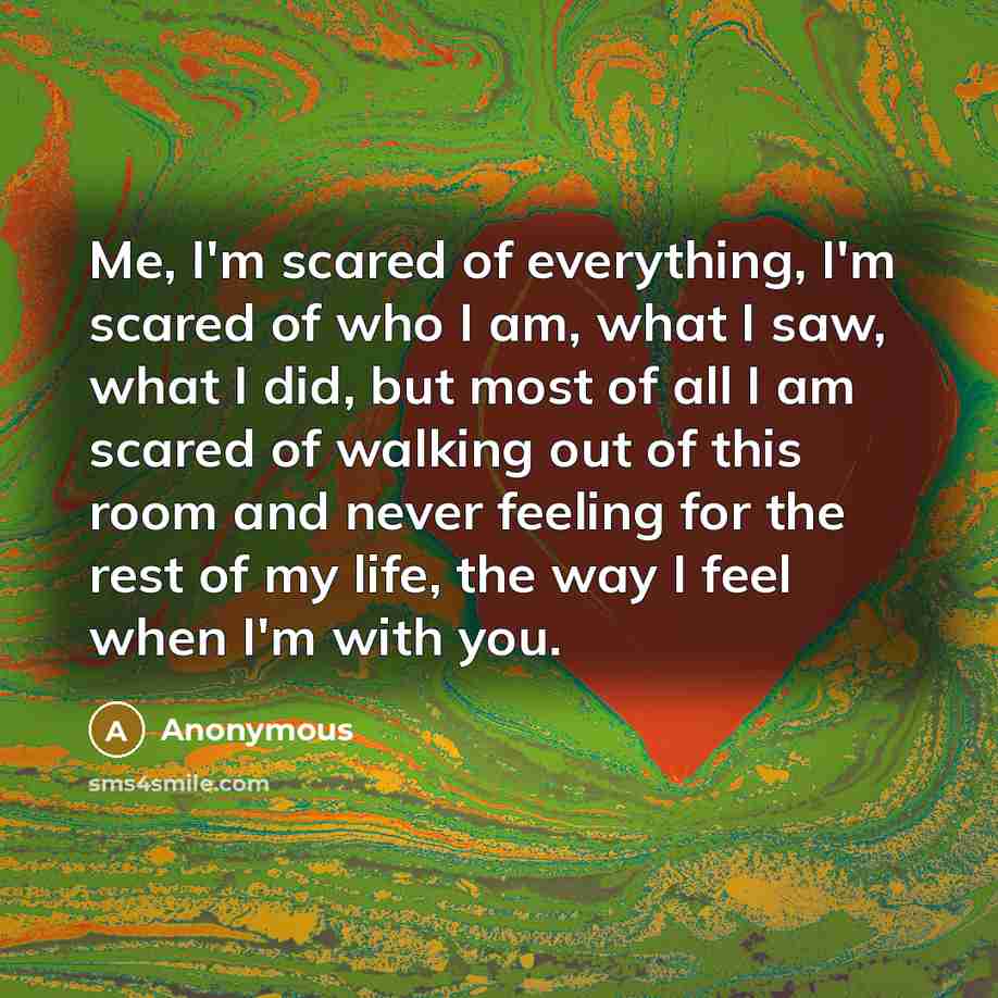 “Me, I'm scared of everything, I'm scared of who I am, what I saw, what I did, but most of all I am scared of walking out of this room and never feeling for the rest of my life, the way I feel when I'm with you.” quote by Anonymous