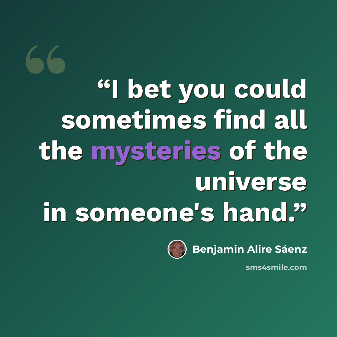 “I bet you could sometimes find all the mysteries of the universe in someone's hand.” quote by Benjamin Alire Sáenz