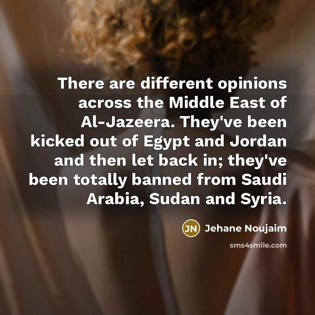 “There are different opinions across the Middle East of Al-Jazeera. They've been kicked out of Egypt and Jordan and then let back in; they've been totally banned from Saudi Arabia, Sudan and Syria.” quote by Jehane Noujaim