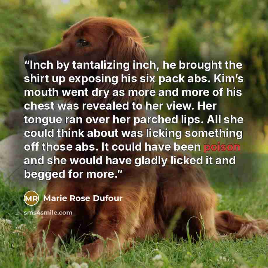 “Inch by tantalizing inch, he brought the shirt up exposing his six pack abs. Kim’s mouth went dry as more and more of his chest was revealed to her view. Her tongue ran over her parched lips. All she could think about was licking something off those abs. It could have been poison and she would…” quote by Marie Rose Dufour