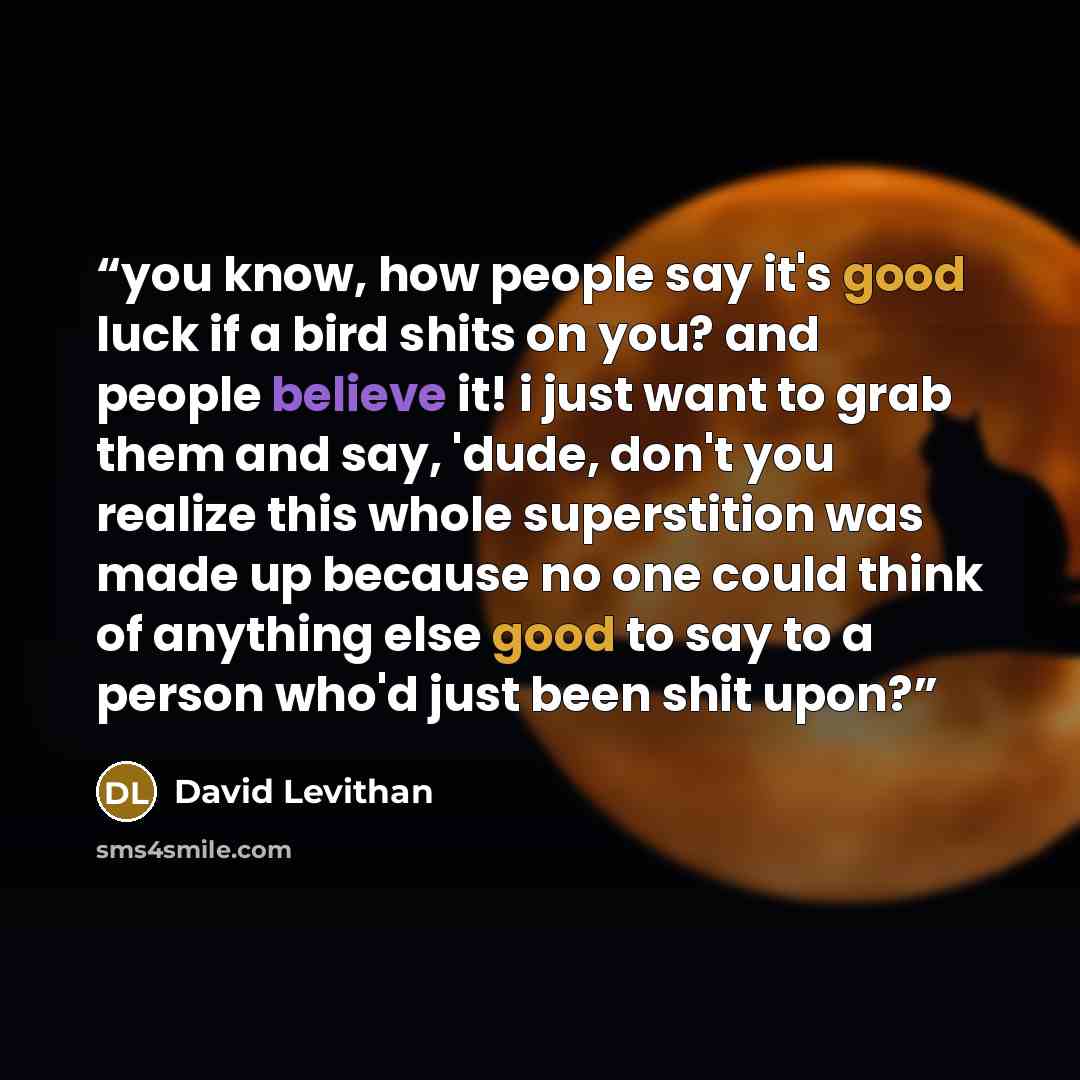 “you know, how people say it's good luck if a bird shits on you? and people believe it! i just want to grab them and say, 'dude, don't you realize this whole superstition was made up because no one could think of anything else good to say to a person who'd just been shit upon?” quote by David Levithan