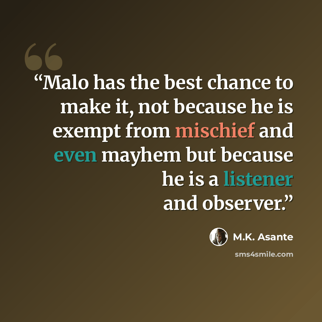 “Malo has the best chance to make it, not because he is exempt from mischief and even mayhem but because he is a listener and observer.” quote by M.K. Asante