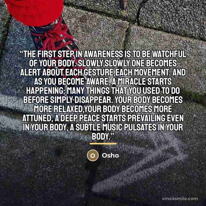 “The first step in awareness is to be watchful of your body. Slowly,slowly one becomes alert about each gesture,each movement. And as you become aware, a miracle starts happening: many things that you used to do before simply disappear. Your body becomes more relaxed,your body becomes more attuned…” quote by Osho