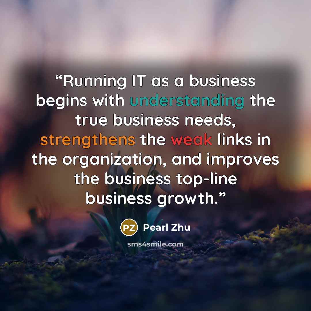 “Running IT as a business begins with understanding the true business needs, strengthens the weak links in the organization, and improves the business top-line business growth.” quote by Pearl Zhu