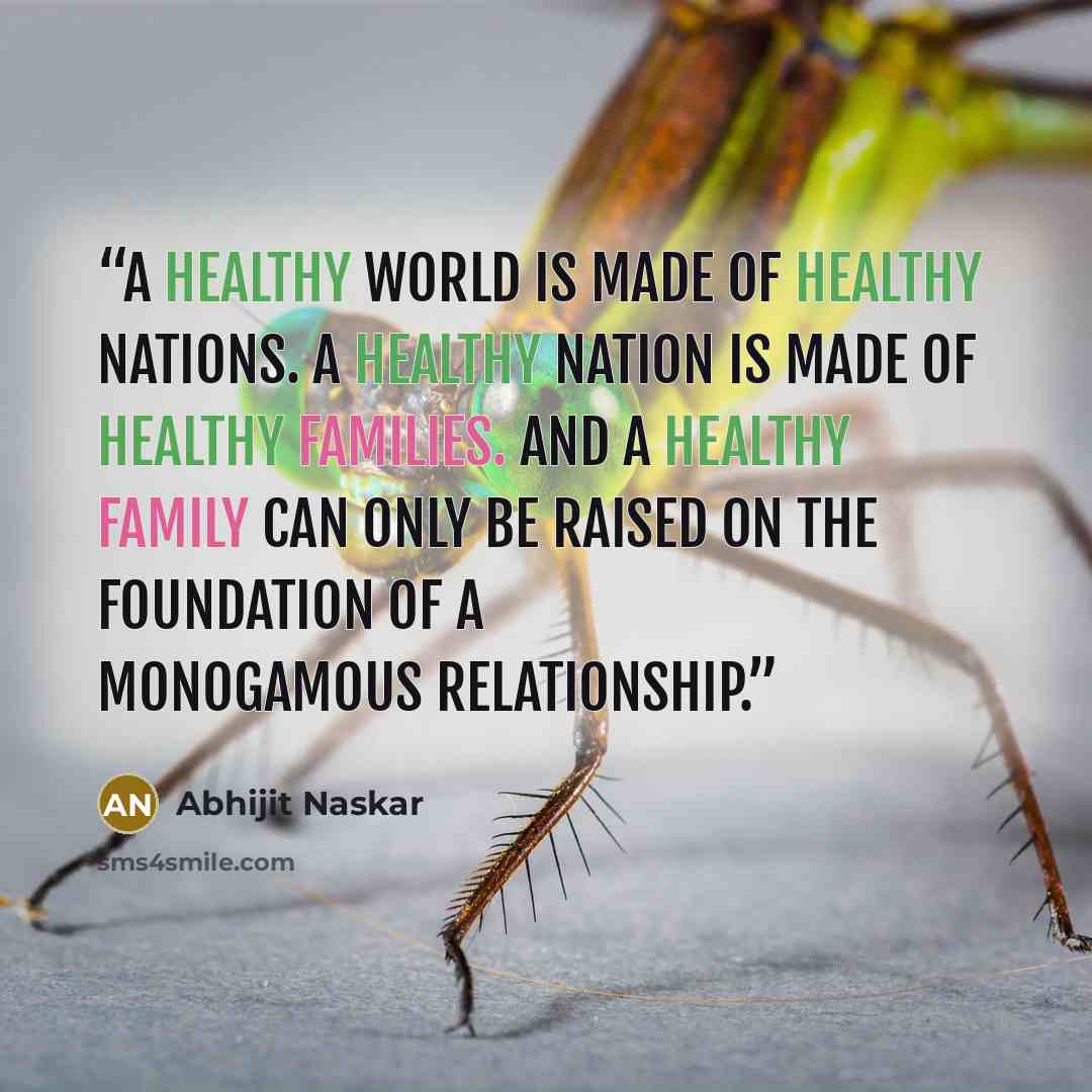 “A healthy world is made of healthy nations. A healthy nation is made of healthy families. And a healthy family can only be raised on the foundation of a monogamous relationship.” quote by Abhijit Naskar