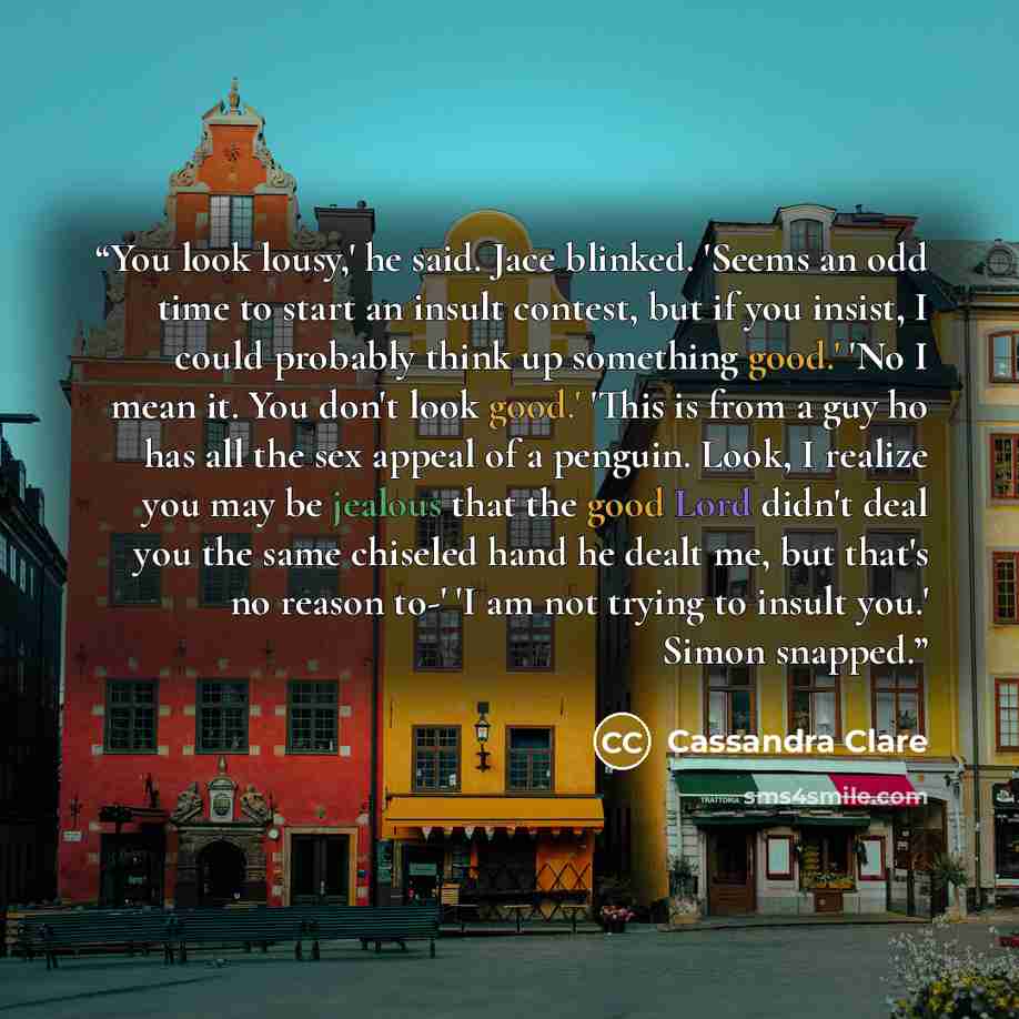 “You look lousy,' he said. Jace blinked. 'Seems an odd time to start an insult contest, but if you insist, I could probably think up something good.' 'No I mean it. You don't look good.' 'This is from a guy ho has all the sex appeal of a penguin. Look, I realize you may be jealous that the good…” quote by Cassandra Clare