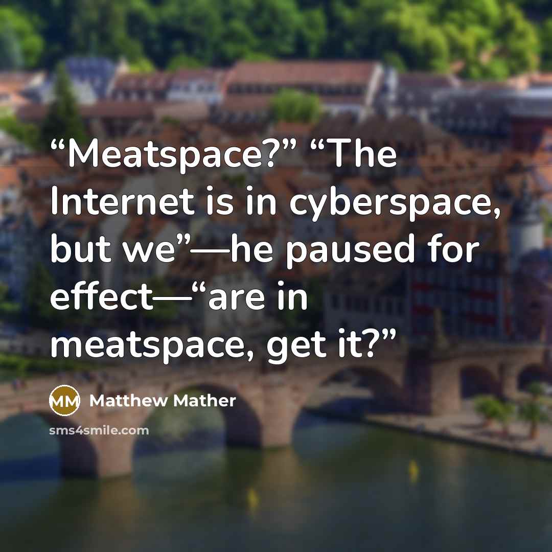 “Meatspace?” “The Internet is in cyberspace, but we”—he paused for effect—“are in meatspace, get it?” quote by Matthew Mather