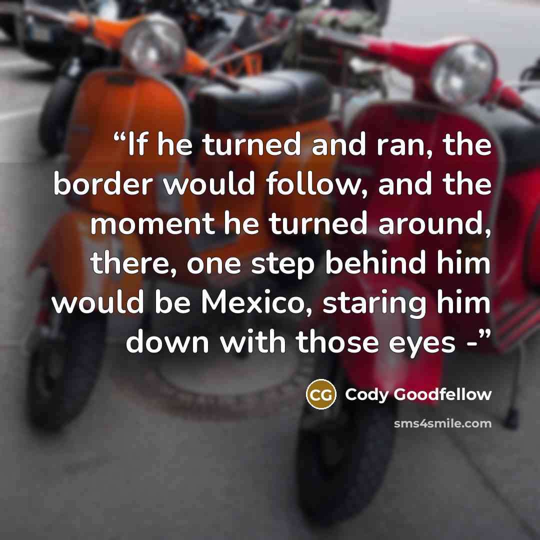 “If he turned and ran, the border would follow, and the moment he turned around, there, one step behind him would be Mexico, staring him down with those eyes -” quote by cody goodfellow