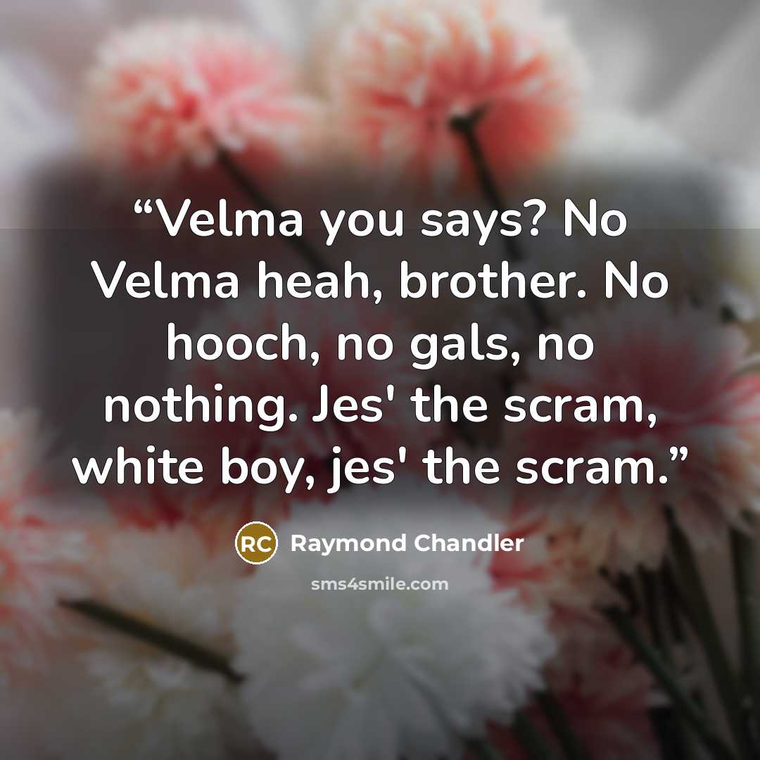 “Velma you says? No Velma heah, brother. No hooch, no gals, no nothing. Jes' the scram, white boy, jes' the scram.” quote by Raymond Chandler