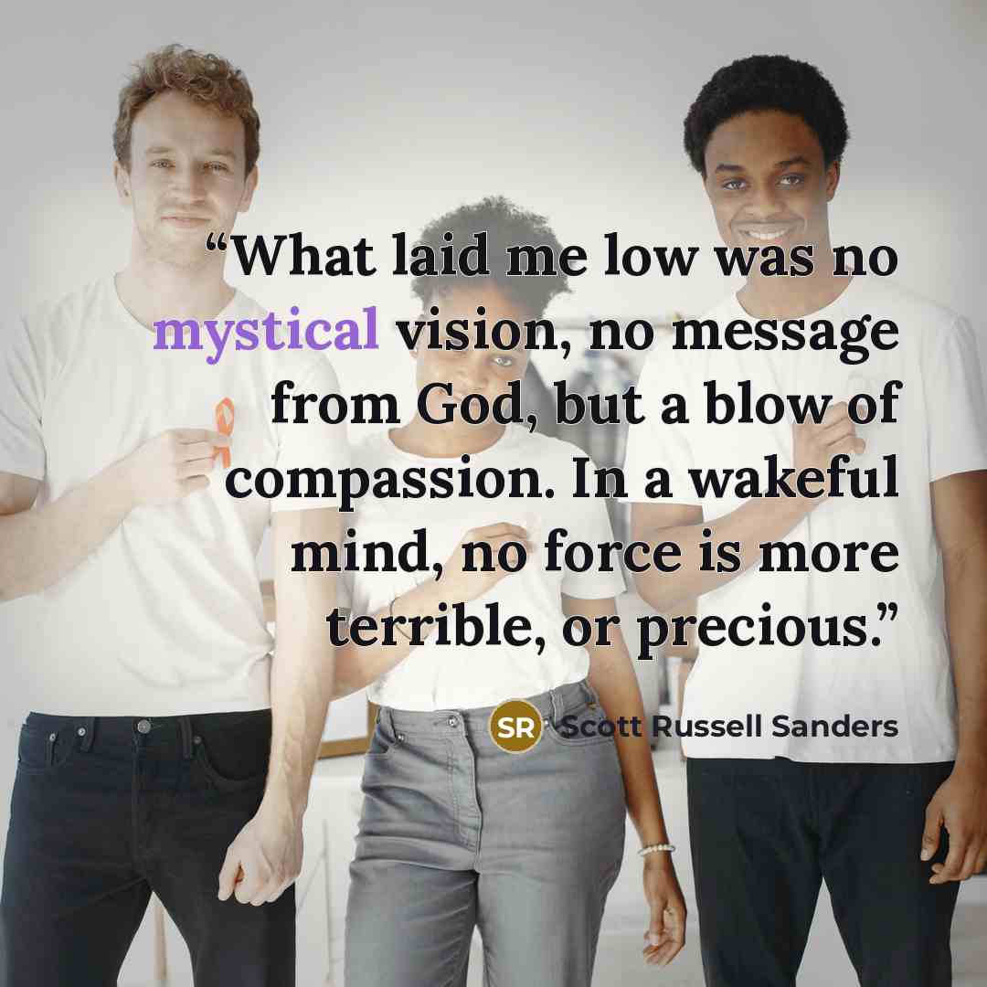 “What laid me low was no mystical vision, no message from God, but a blow of compassion. In a wakeful mind, no force is more terrible, or precious.” quote by Scott Russell Sanders