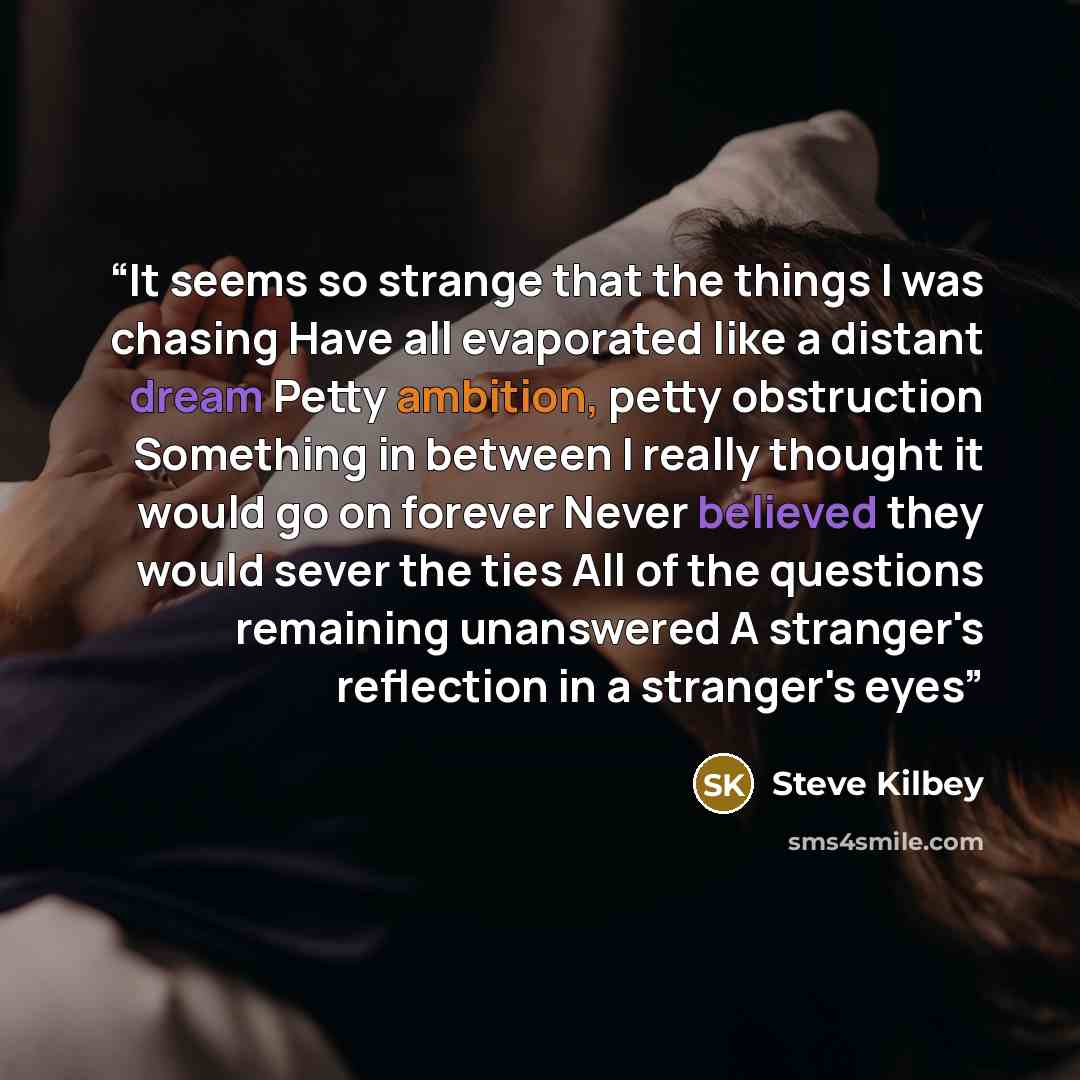 “It seems so strange that the things I was chasing Have all evaporated like a distant dream Petty ambition, petty obstruction Something in between I really thought it would go on forever Never believed they would sever the ties All of the questions remaining unanswered A stranger's reflection in a…” quote by Steve Kilbey