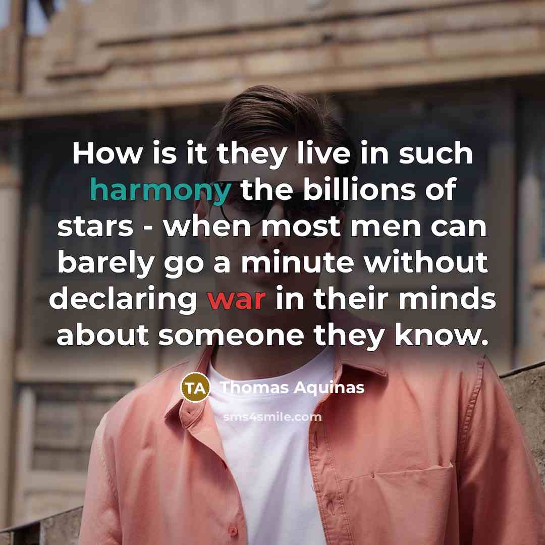 “How is it they live in such harmony the billions of stars - when most men can barely go a minute without declaring war in their minds about someone they know.” quote by Thomas Aquinas