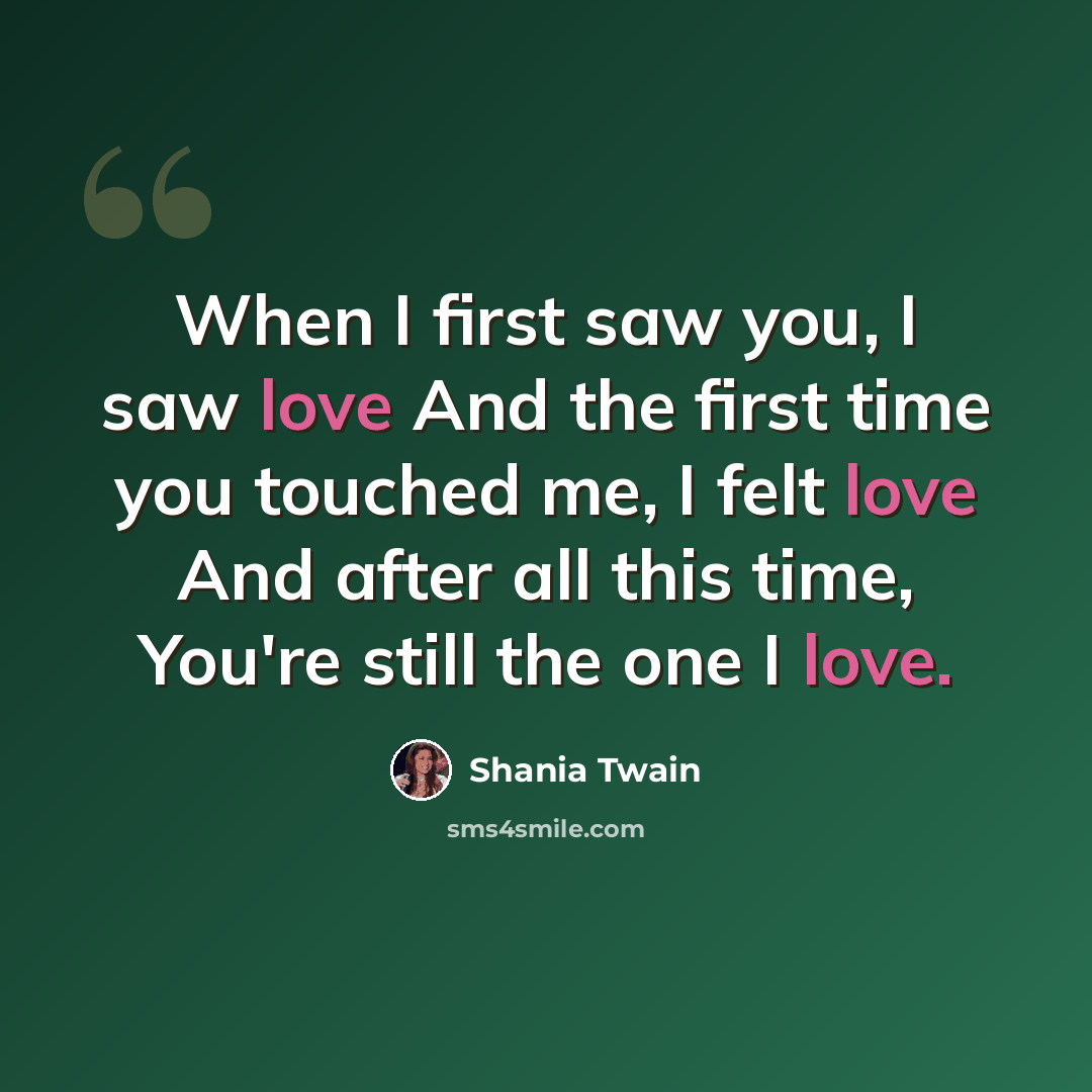 “When I first saw you, I saw love And the first time you touched me, I felt love And after all this time, You're still the one I love.” quote by Shania Twain