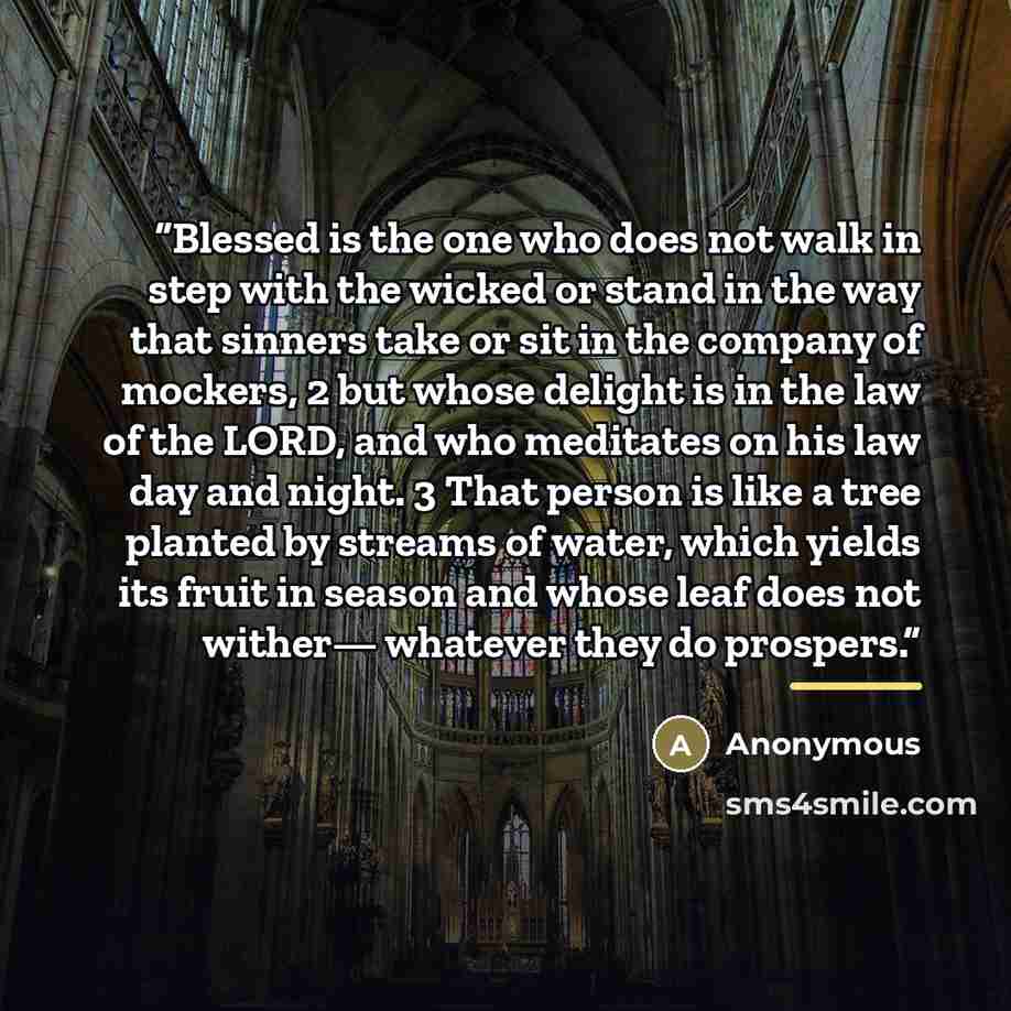 “Blessed is the one who does not walk in step with the wicked or stand in the way that sinners take or sit in the company of mockers, 2 but whose delight is in the law of the LORD, and who meditates on his law day and night. 3 That person is like a tree planted by streams of water, which yields its…” quote by Anonymous
