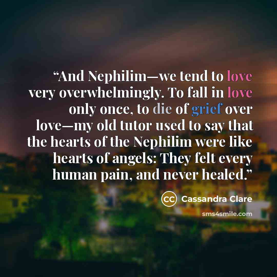 “And Nephilim—we tend to love very overwhelmingly. To fall in love only once, to die of grief over love—my old tutor used to say that the hearts of the Nephilim were like hearts of angels: They felt every human pain, and never healed.” quote by Cassandra Clare