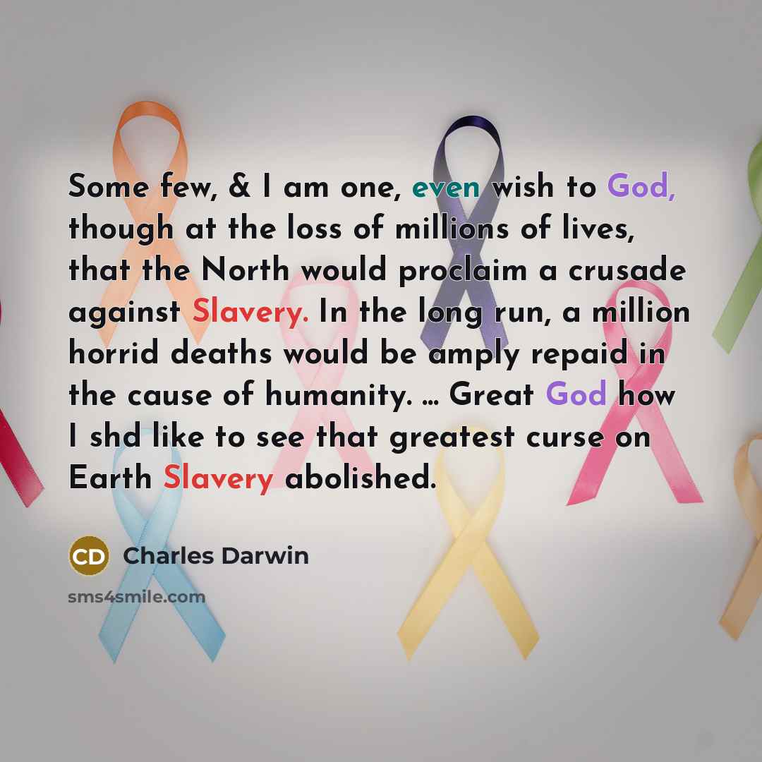 “Some few, & I am one, even wish to God, though at the loss of millions of lives, that the North would proclaim a crusade against Slavery. In the long run, a million horrid deaths would be amply repaid in the cause of humanity. ... Great God how I shd like to see that greatest curse on Earth…” quote by Charles Darwin