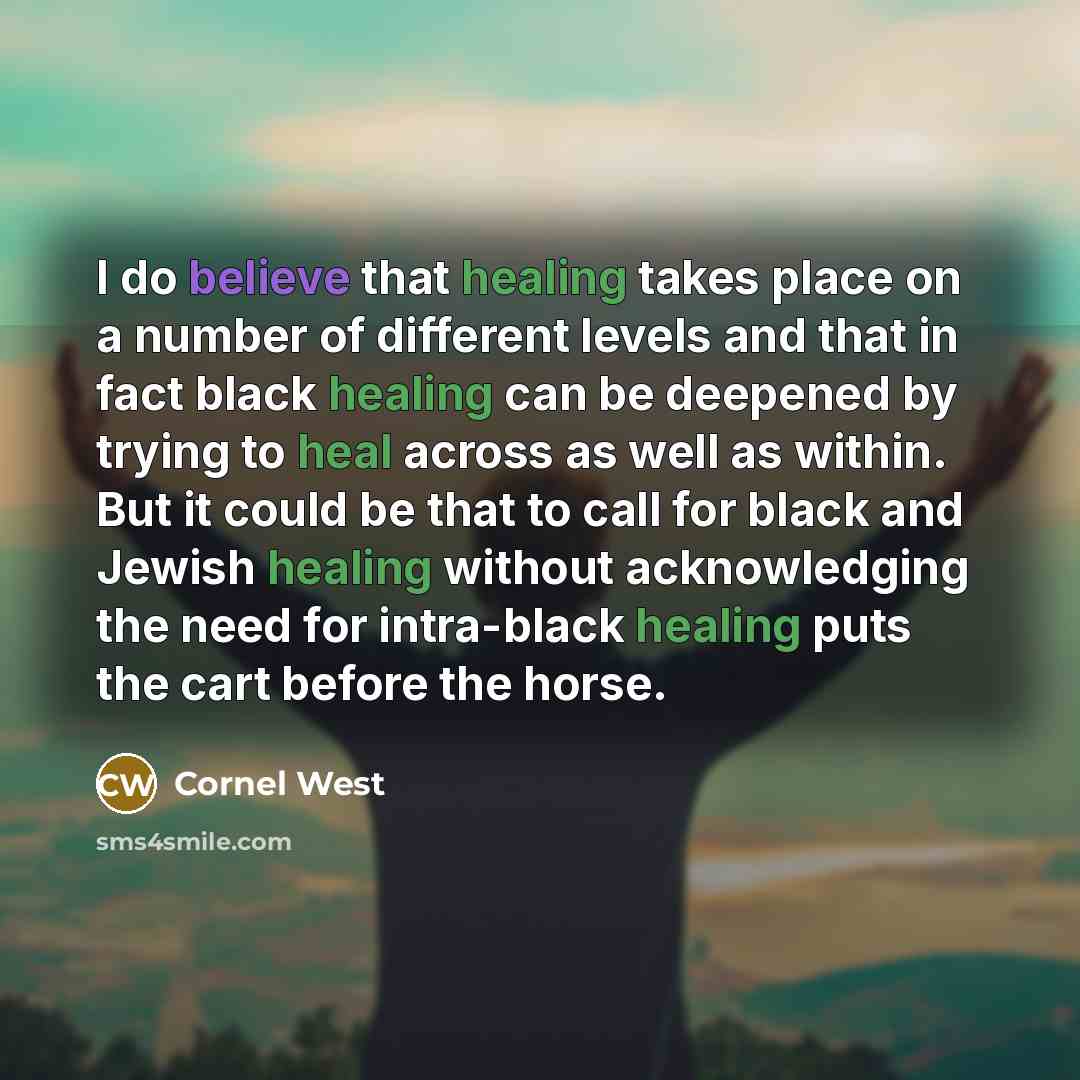 “I do believe that healing takes place on a number of different levels and that in fact black healing can be deepened by trying to heal across as well as within. But it could be that to call for black and Jewish healing without acknowledging the need for intra-black healing puts the cart before the…” quote by Cornel West